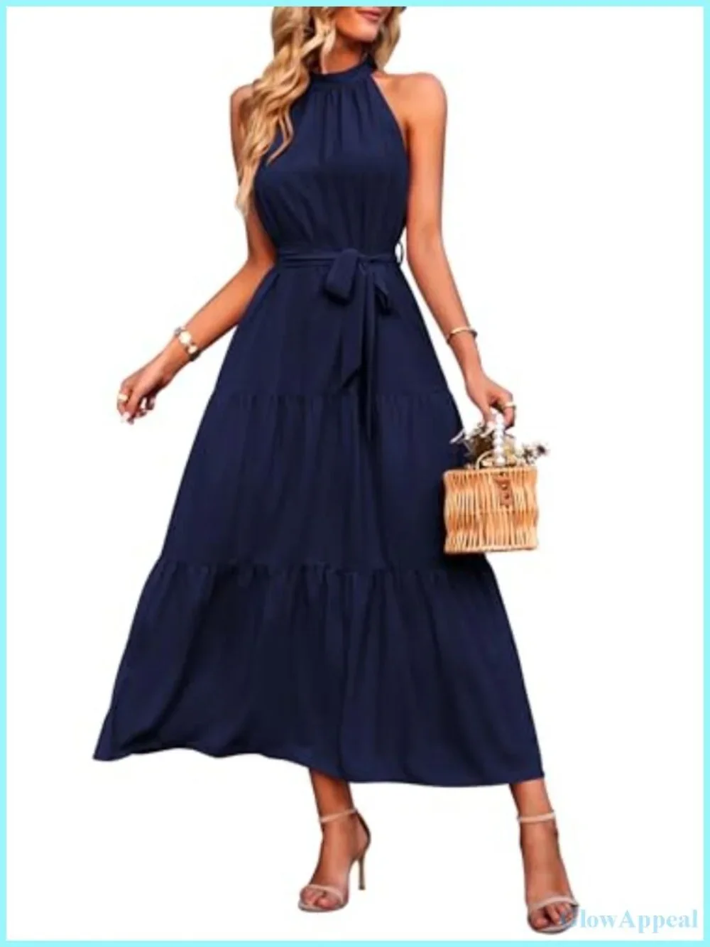 Sleeveless Halter Maxi Dress with Belt - Flowy Tiered Ruffle Boho Sundress